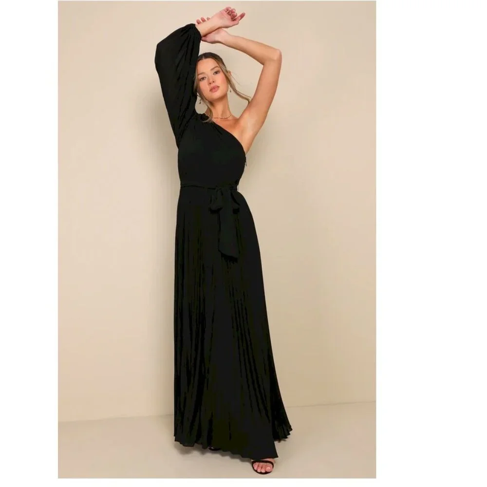 Lulus Divine Charm Black Pleated One-Shoulder Maxi Dress Size Medium - Picture 3 of 12